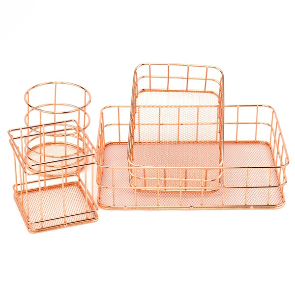 Rose Gold Iron Art Nordic Makeup Organizer Basket Eyeliner Brush Set Storage Cup Dressing Table Makeup Cosmetic Organizer Box